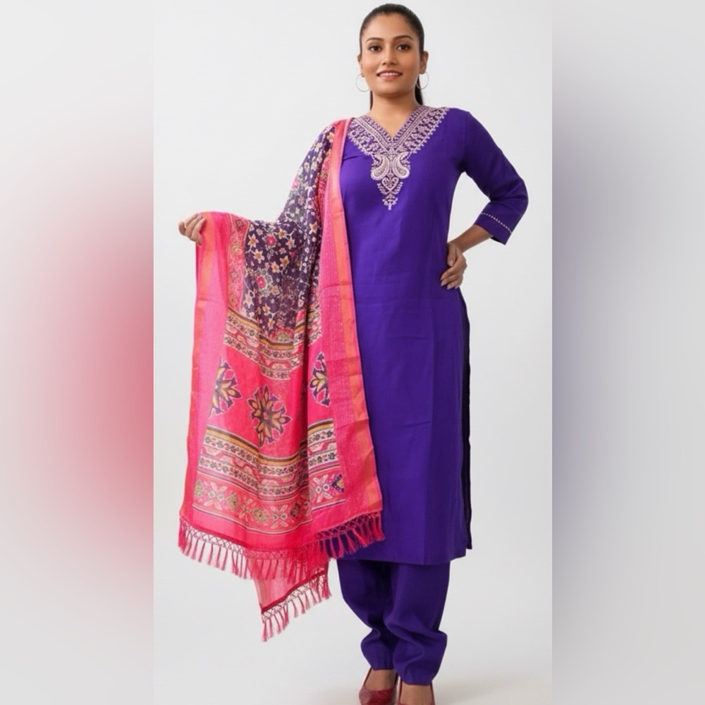 Pakistani/ Indian Purple and Red Women's cotton embroidered salwar Kameez